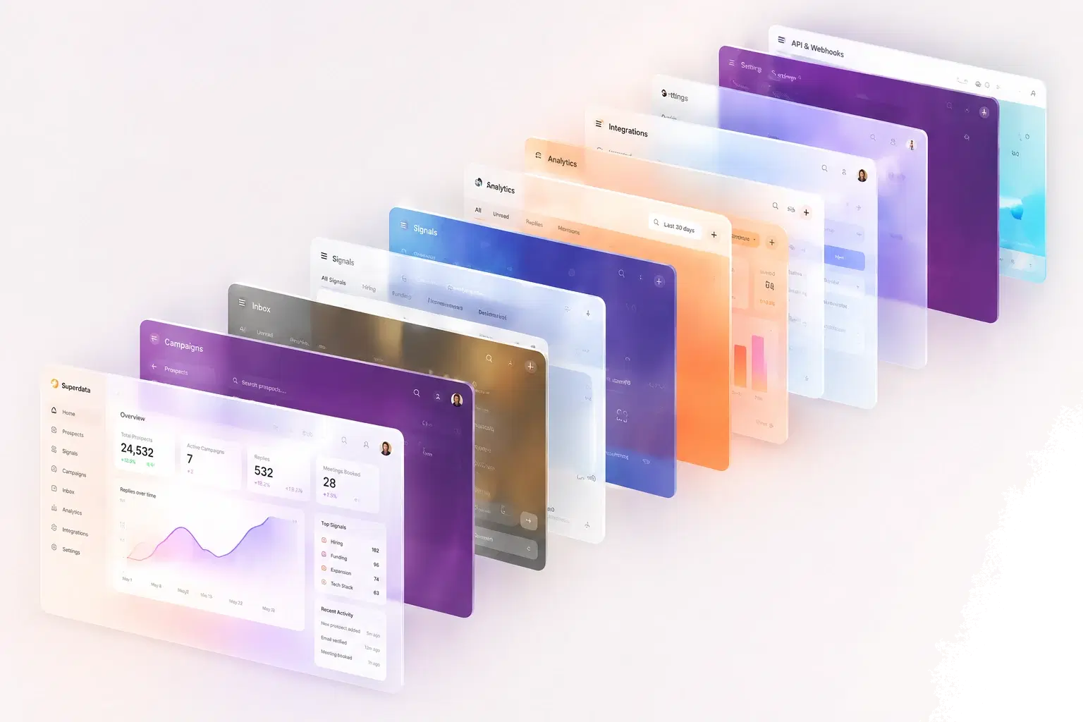 Layered Superdata product screens showing pipeline, signals, analytics, integrations, and API workflows